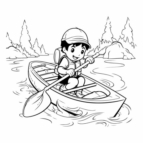 Cartoon boy rowing a canoe in the forest.