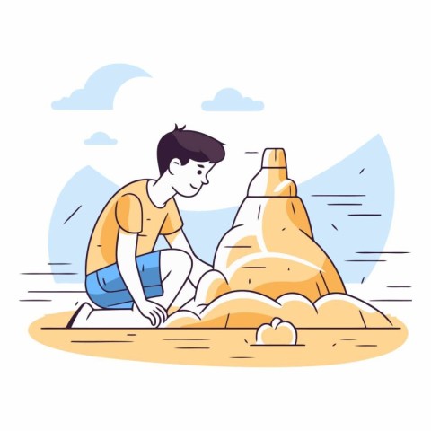 Man builds sand castle. Flat style vector illustration on white