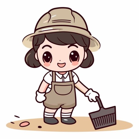 Cute girl wearing safari hat with shovel.