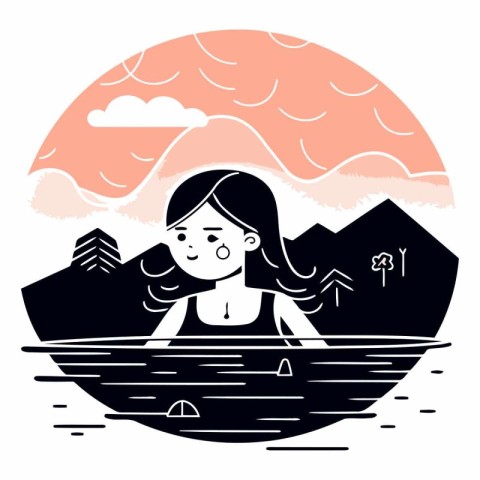 Vector illustration of a girl on the background of the mountains