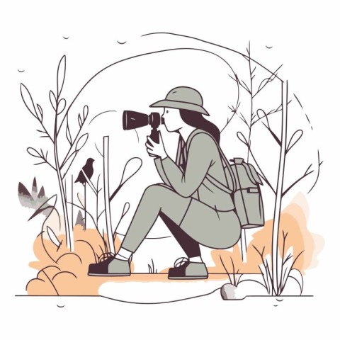 Tourist with binoculars in the forest.