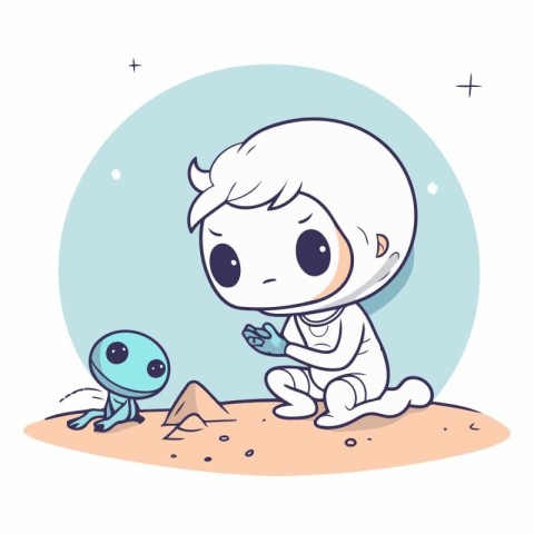 Cute little boy playing with sand in cartoon style.