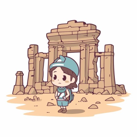 Cute little boy wearing helmet and standing in ancient ruins.