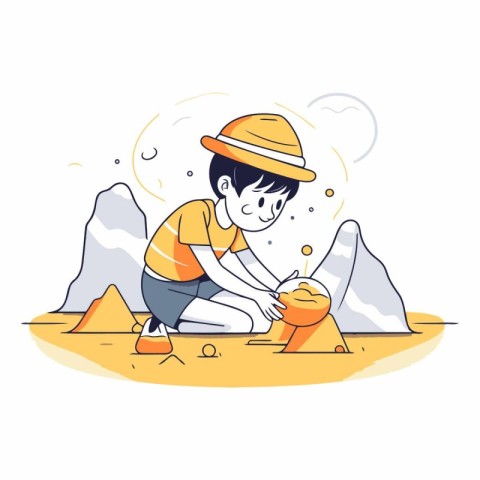 Illustration of a boy in a hat and a yellow t-shirt playing with