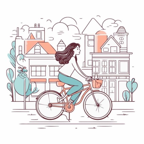 Young woman riding bicycle in the city in linear style.