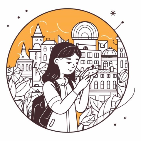 Vector illustration of a girl using a smartphone on the backgrou