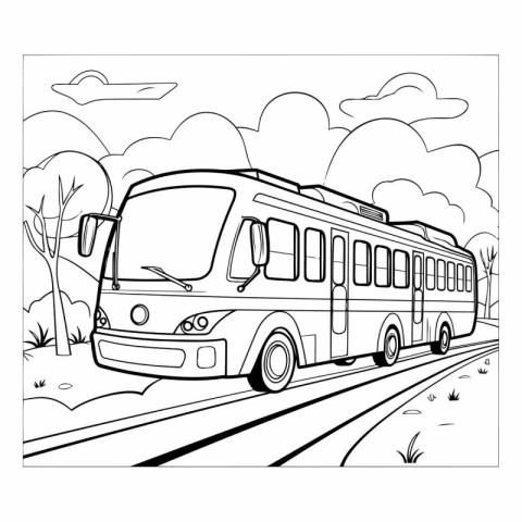 Bus in the park. Black and white vector illustration for colorin