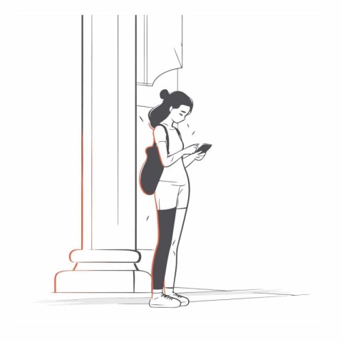 Young woman using smartphone in the city in sketch style.