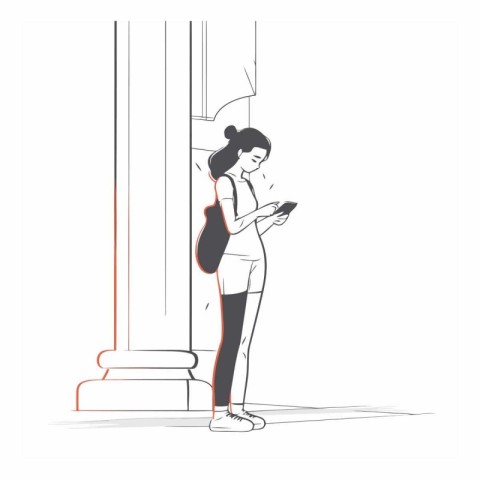 Young woman using smartphone in the city in sketch style.