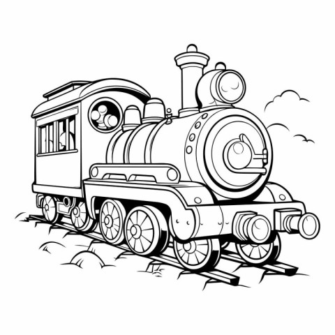 Vintage Steam Locomotive. Black and White Vector Illustration