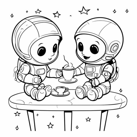 Two cute little astronauts sitting at the table and drinking cof