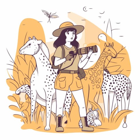 Tourist girl with camera and giraffe in cartoon style.