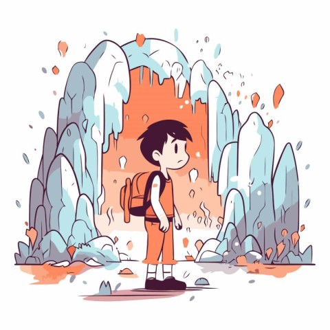 Little boy standing in front of a waterfall in cartoon style.