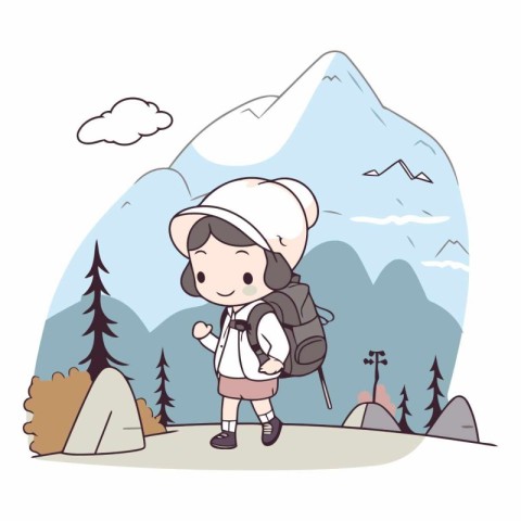 Cute girl hiking in the mountains in cartoon style.