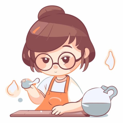 Cute little girl cooking in the kitchen in cartoon style.