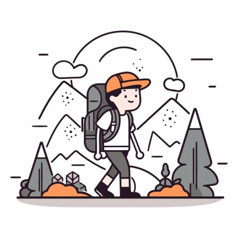 Hiker man with backpack and cap in mountains.