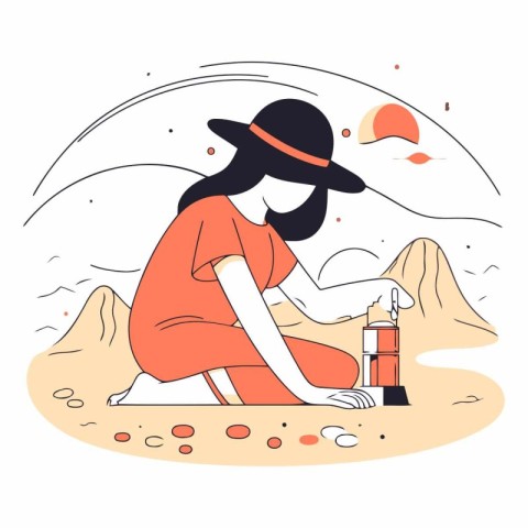 Vector illustration of a girl in a hat with a bottle of sunscree