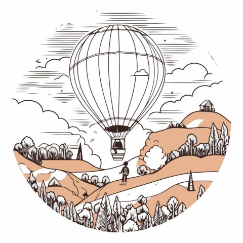 Hot air balloon flying over the mountains. Hand drawn vector ill