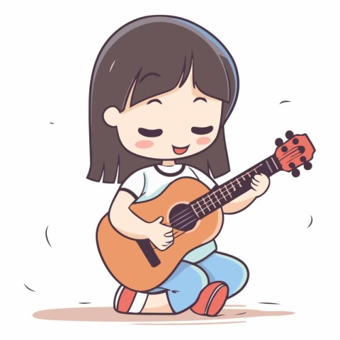 Little girl playing guitar. Cute cartoon character.