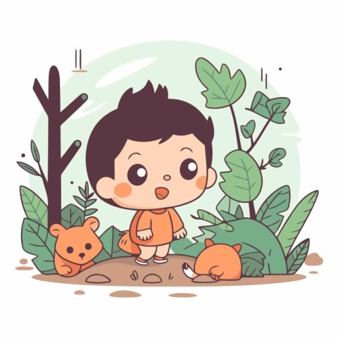 Cute little boy playing with fox and bear in the garden.