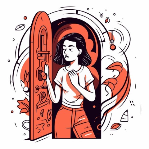 Vector illustration of a girl holding a surfboard in her hands.