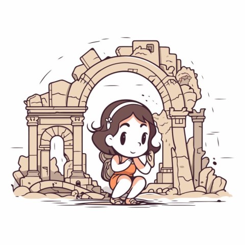 Illustration of a little girl on the background of ancient ruins