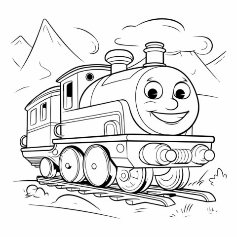 Vector illustration of cartoon train on the background of mounta