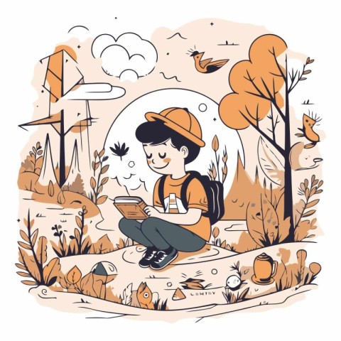 Vector illustration of a boy with a backpack reading a book in t