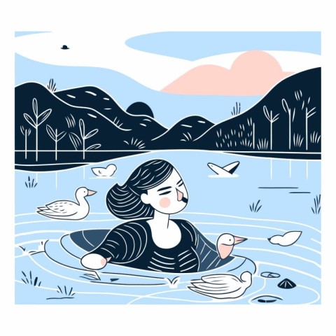 Vector illustration of a girl swimming in the lake with ducks an