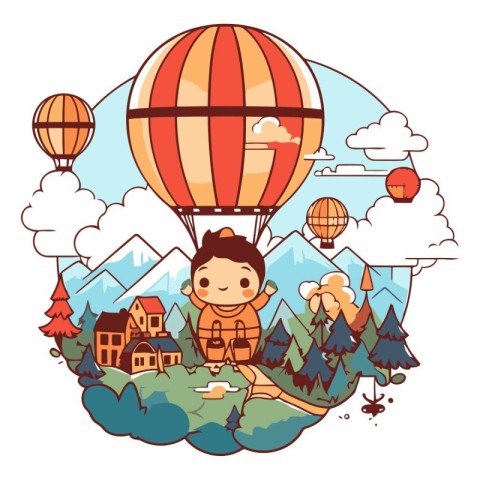 Cute cartoon boy in the hot air balloon on the background of the