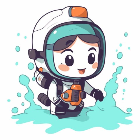 Astronaut girl on the water. Cute cartoon vector illustration.