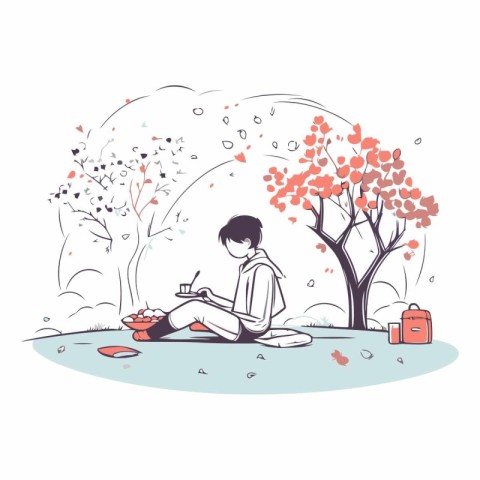 Illustration of a man sitting on the grass in the autumn park.