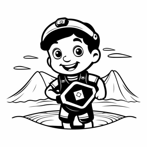 Cute boy explorer with a shield in his hands.