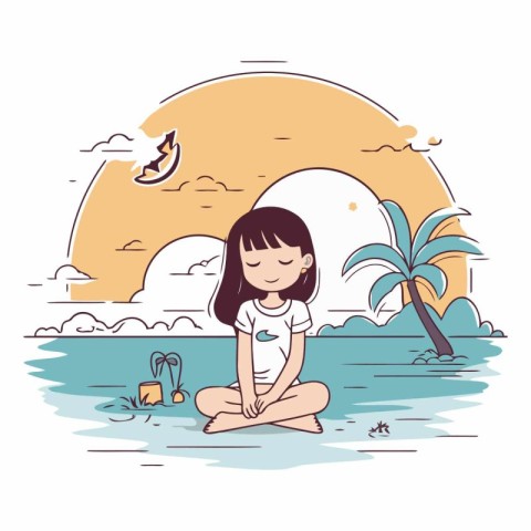 cute little girl with swimsuit in the beach vector illustration