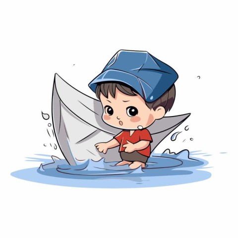 Little boy riding a paper boat in the sea.