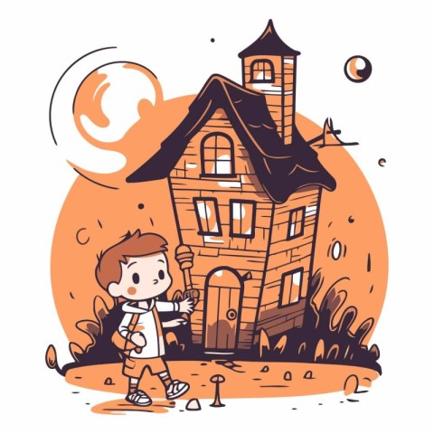 Cute cartoon boy standing in front of haunted house.