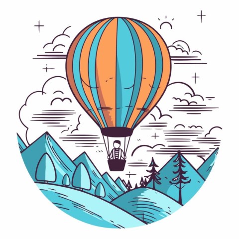 Hot air balloon flying in the sky over mountains.