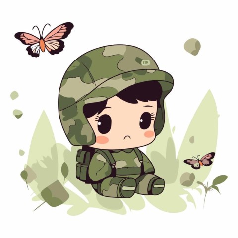 Cute little boy in a military uniform with a butterfly.