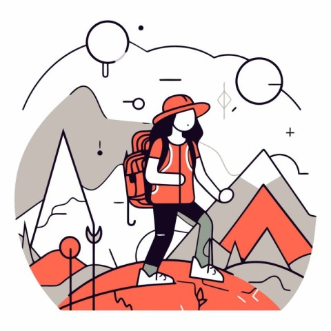 Vector illustration of hiker woman with backpack hiking in mount