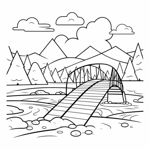 Bridge over the river. Black and white vector illustration for c