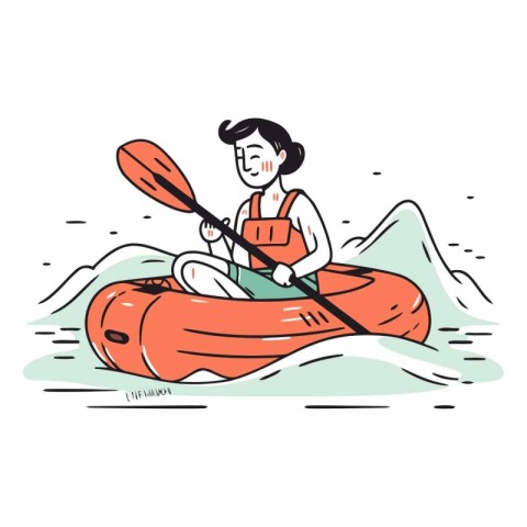 Illustration of a man paddling a kayak. Vector.