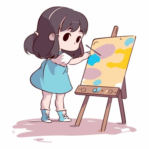 Illustration of a Cute Little Girl Painting on an Easel