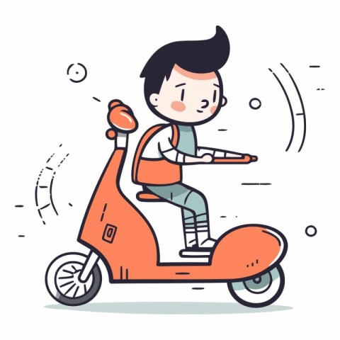 Cute boy riding scooter in cartoon style.