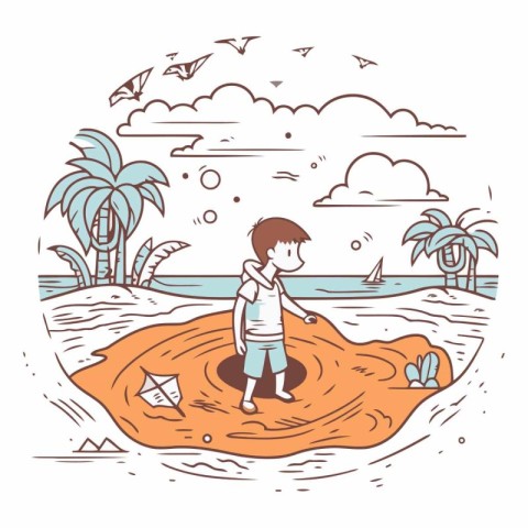 Little boy playing on the beach in cartoon style.