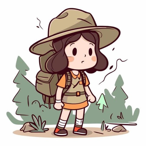 Illustration of a Girl Hiking with a Backpack and a Hat