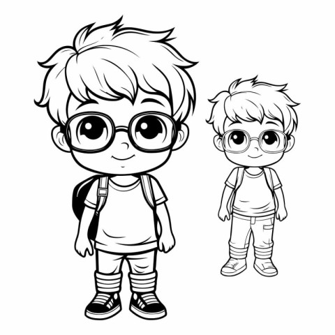 cute little boy with glasses and backpack cartoon vector illustr