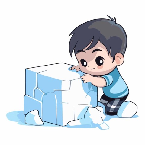 Cute little boy playing with ice cube. Vector cartoon illustrati