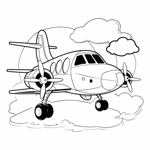 airplane flying with clouds icon cartoon in black and white vect