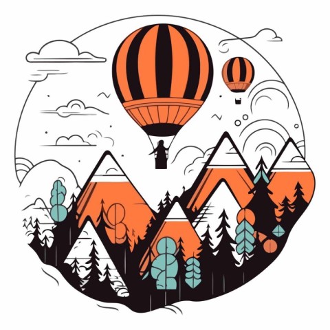 Vector illustration of a mountain landscape with hot air balloon