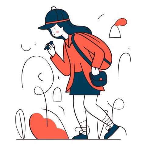 Vector illustration of a girl in a hat with a backpack and a cam